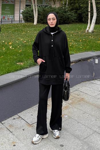 Black Hood Neck Long Arm Cotton Regular Trousers Comfortable Suit