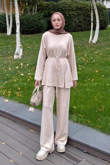 Beige Crew Neck Long Arm Cotton Regular Trousers Comfortable Suit