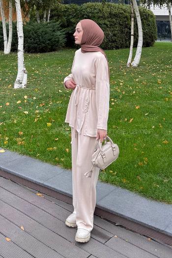 Beige Crew Neck Long Arm Cotton Regular Trousers Comfortable Suit