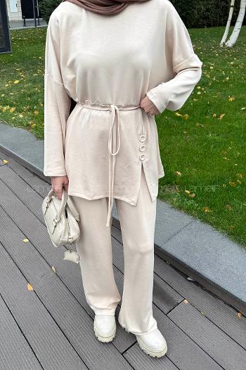 Beige Crew Neck Long Arm Cotton Regular Trousers Comfortable Suit