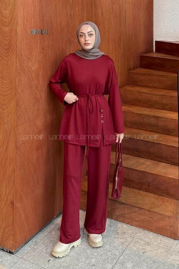 Claret Red Crew Neck Long Arm Cotton Regular Trousers Comfortable Suit