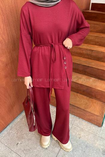 Claret Red Crew Neck Long Arm Cotton Regular Trousers Comfortable Suit