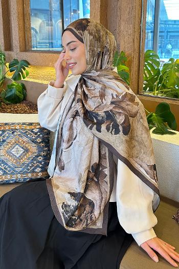 Lamelif Floral Desen Bambu Şal Asker Yeşili