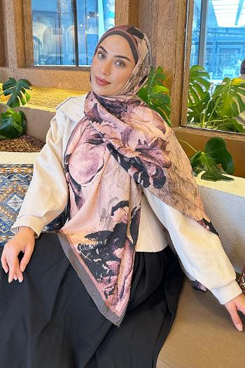 Lamelif Floral Desen Bambu Şal Eflatun