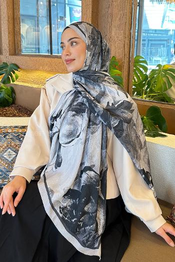 Lamelif Floral Desen Bambu Şal Gri