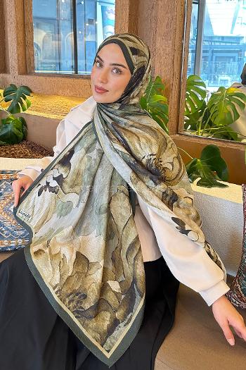 Lamelif Floral Desen Bambu Şal Haki