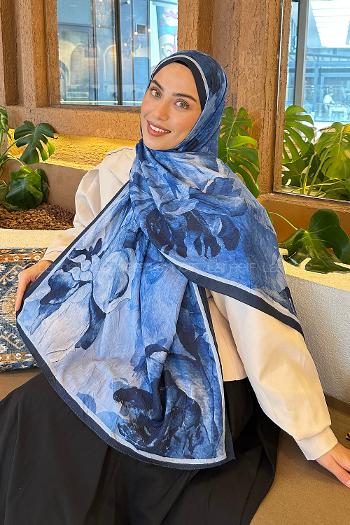 Lamelif Floral Desen Bambu Şal Lacivert