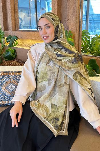 Lamelif Floral Desen Bambu Şal Mint Yeşili