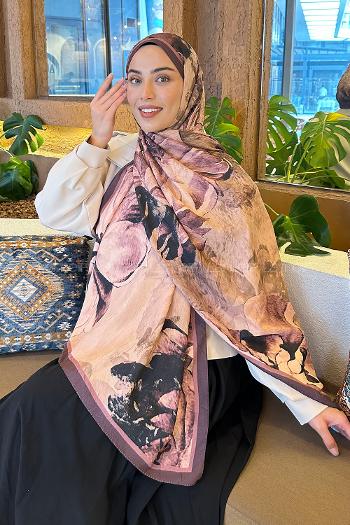 Lamelif Floral Desen Bambu Şal Mürdüm