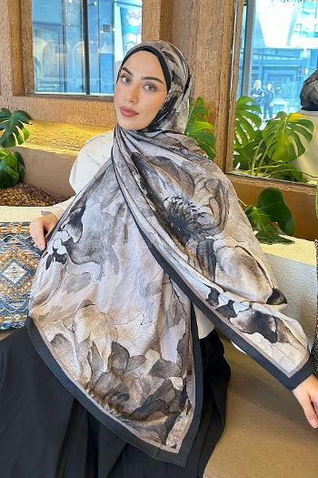 Lamelif Floral Desen Bambu Şal Siyah Vizon