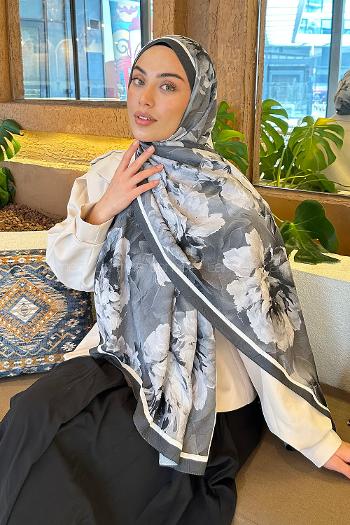 Lamelif Flower Desen Bambu Şal Antrasit