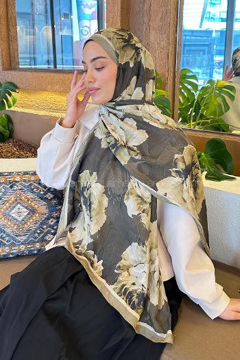 Lamelif Flower Desen Bambu Şal Asker Yeşili