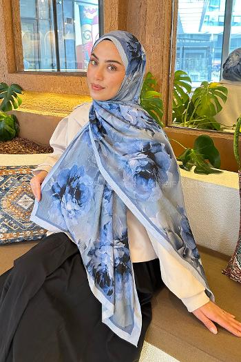 Lamelif Flower Desen Bambu Şal Bebe Mavi