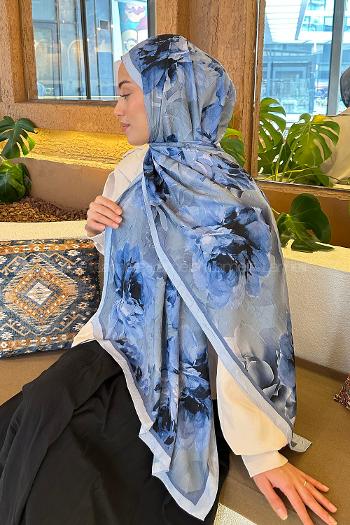 Lamelif Flower Desen Bambu Şal Bebe Mavi