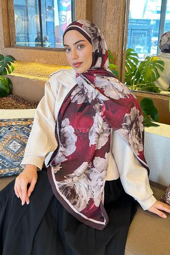 Lamelif Flower Desen Bambu Şal Bordo