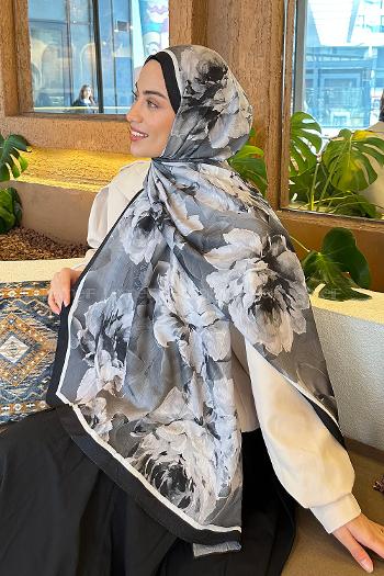 Lamelif Flower Desen Bambu Şal Siyah