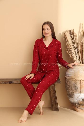 Lamelif Waffle Kumaş Pijama Takımı Kadın Bordo