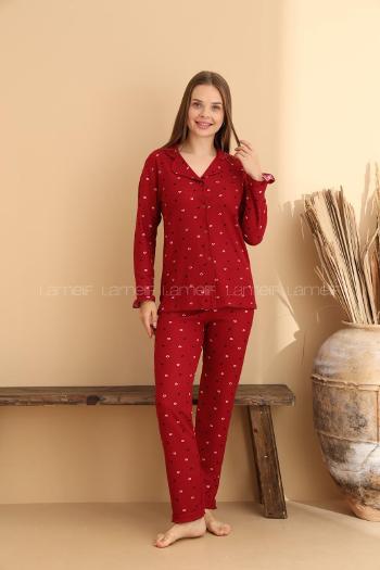 Lamelif Waffle Kumaş Pijama Takımı Kadın Bordo