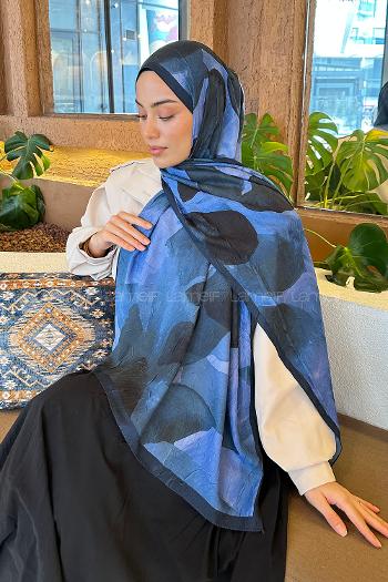 Lamelif Yaprak Desen Bambu Şal Lacivert