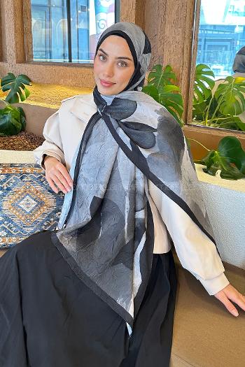 Lamelif Yaprak Desen Bambu Şal Siyah