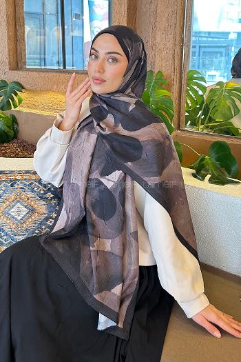 Lamelif Yaprak Desen Bambu Şal Siyah Kahverengi