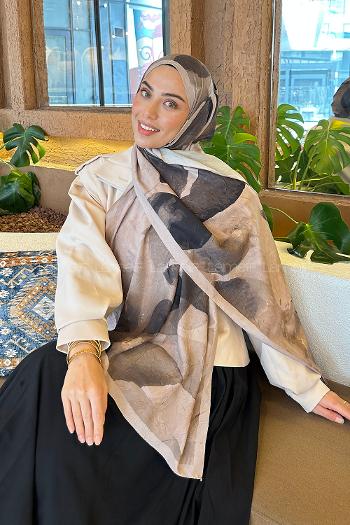 Lamelif Yaprak Desen Bambu Şal Vizon