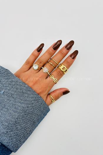 Lamelif Gold 6li Kombin Kristal Kalpli Yüzük Seti