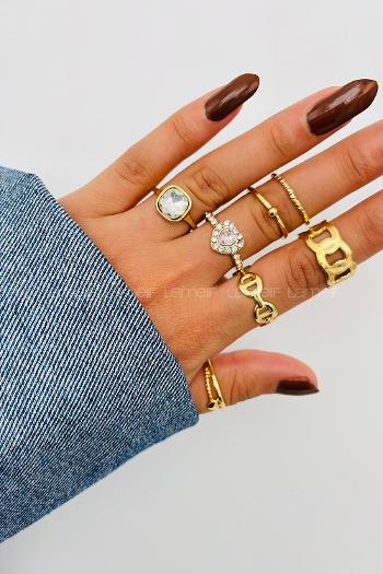 Lamelif Gold 6li Kombin Kristal Kalpli Yüzük Seti