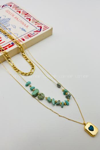 Lamelif Gold Doğal Taş 3lü Kombin Kolye Seti