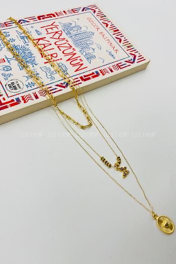 Lamelif Gold Kelebek 3lü Kombin Kolye Seti