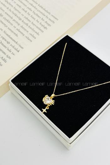 Lamelif Gold Kristal Taşlı Zirkon Sallantılı Kalp Kolye
