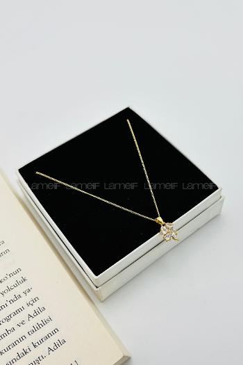 Lamelif Gold Kristal Taşlı Zirkon Şans Yoncası Kolye