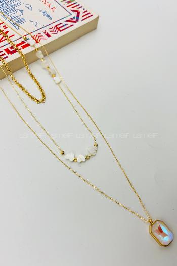 Lamelif Gold Sedef Kalp 3lü Kombin Kolye Seti