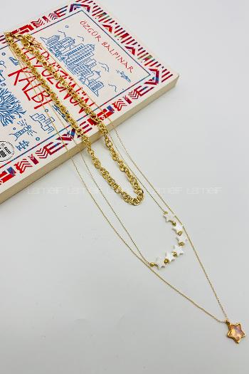 Lamelif Gold Sedef Yıldız 3lü Kombin Kolye Seti