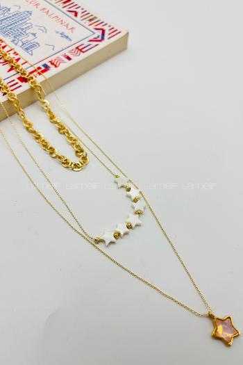 Lamelif Gold Sedef Yıldız 3lü Kombin Kolye Seti