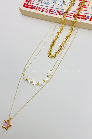 Lamelif Gold Sedef Yıldız 3lü Kombin Kolye Seti