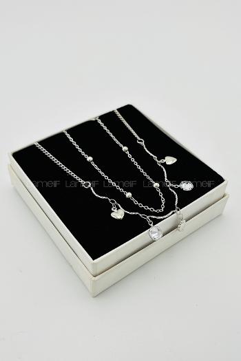 Lamelif Gümüş 2li Çelik Kristal KalpTaşlı Kararmaz Kolye Seti