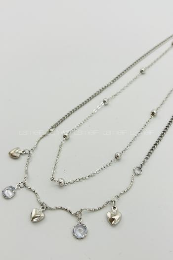 Lamelif Gümüş 2li Çelik Kristal KalpTaşlı Kararmaz Kolye Seti