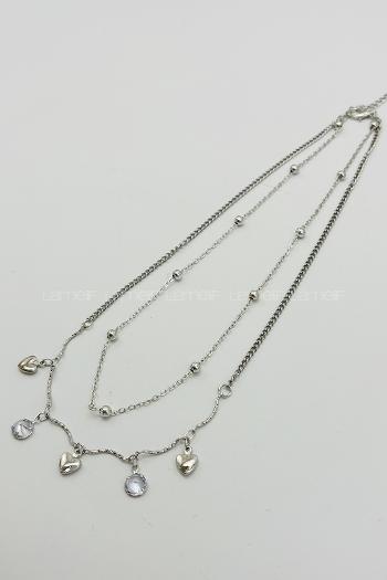 Lamelif Gümüş 2li Çelik Kristal KalpTaşlı Kararmaz Kolye Seti