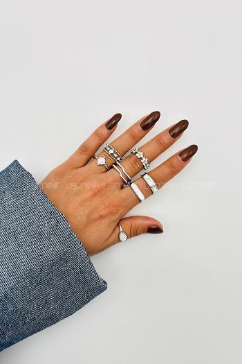 Lamelif Gümüş 7li Kombin Çiçekli Yüzük Seti