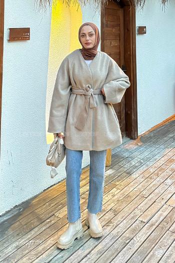 Lamelif Bağlama Detaylı Kaşe Kaban Vizonrengi