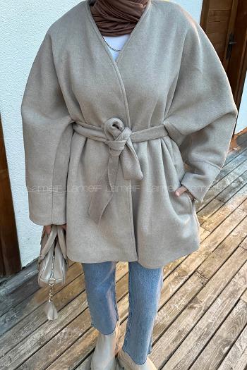 Lamelif Bağlama Detaylı Kaşe Kaban Vizonrengi