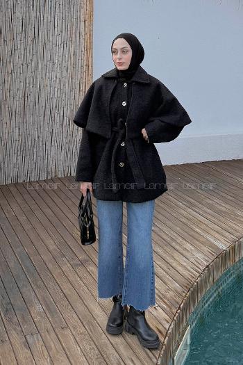 Lamelif Bağlama Detaylı Pelerinli Kaban Siyah