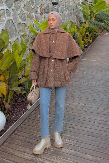 Lamelif Bağlama Detaylı Pelerinli Kaban Soft Kahve