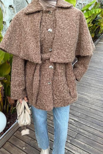 Lamelif Bağlama Detaylı Pelerinli Kaban Soft Kahve