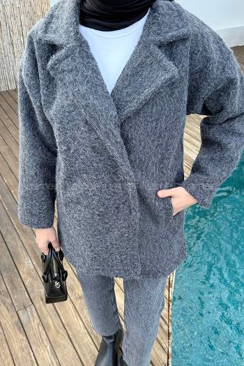 Lamelif Düğmeli Klasik Kaban Antrasit