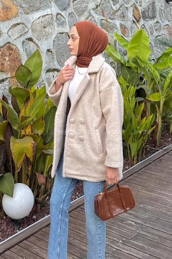 Lamelif Düğmeli Klasik Kaban Taş Rengi