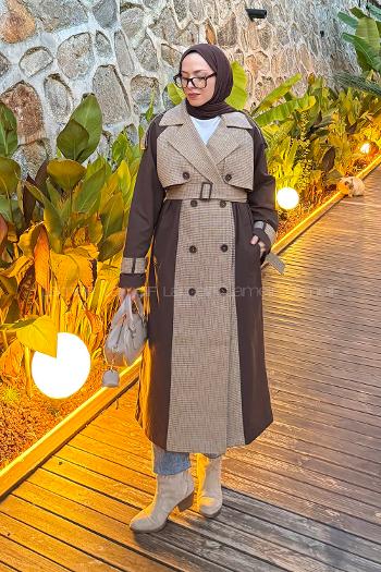 Lamelif Ekoseli Reglan Trençkot Acı Kahve