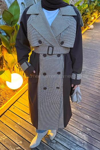 Lamelif Ekoseli Reglan Trençkot Acı Kahve