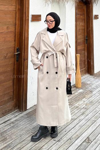 Lamelif Fleto Cep Omuz Apoletli Trençkot Taş Rengi